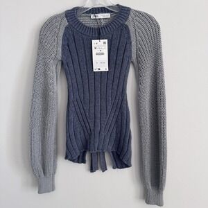 Zara Knit Tie Back Sweater Blue Gray Colorblock Long Sleeve Size M NWT